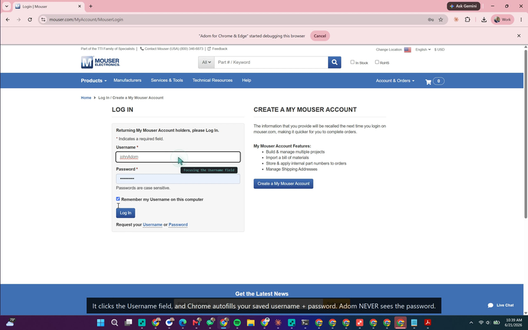 Adom drives the Mouser sign-in — the cursor on the Username field, johnAdom + password autofilled
