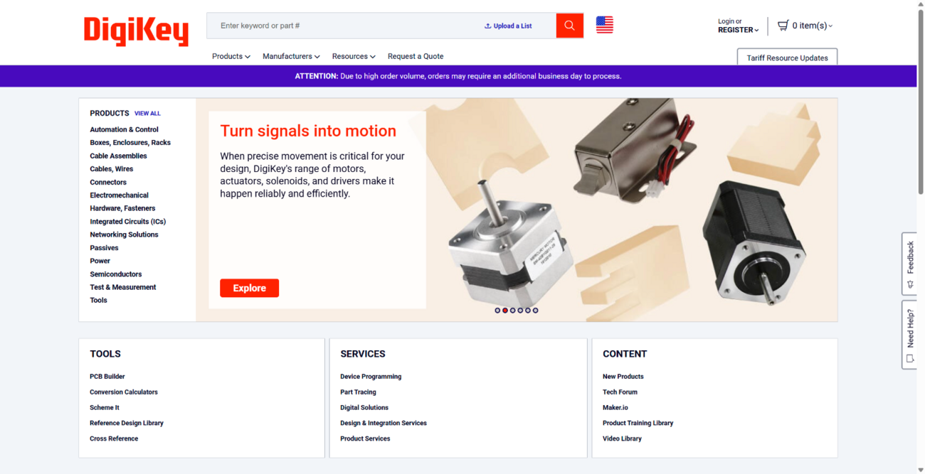 DigiKey homepage driven live in the native browser