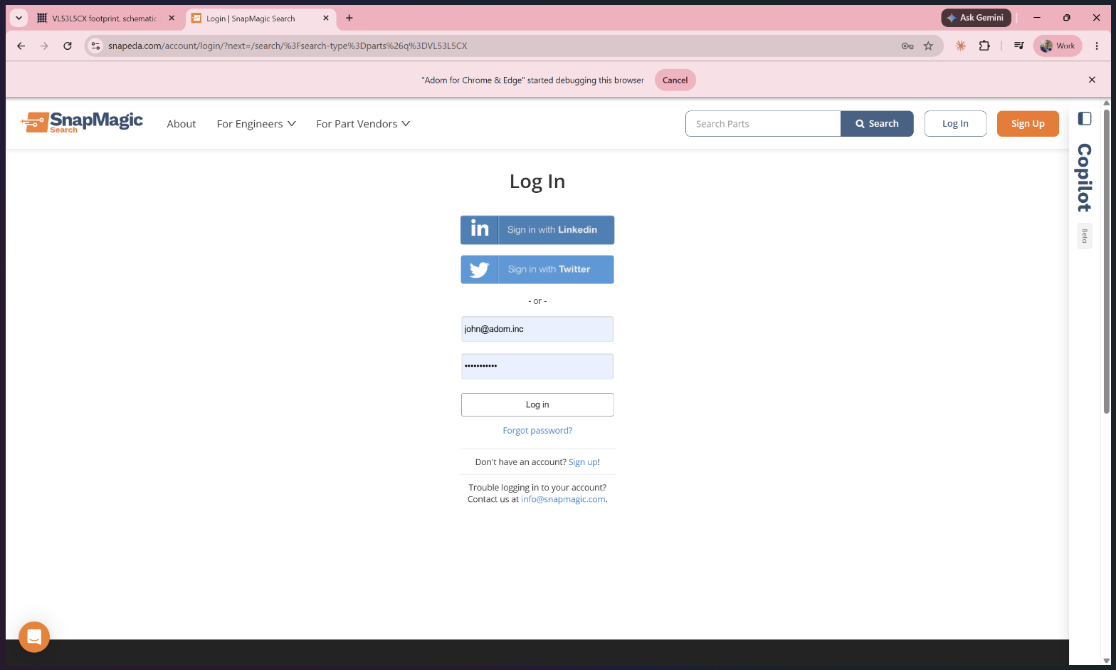 SnapMagic login with john@adom.inc + password autofilled and the Adom debug bar visible