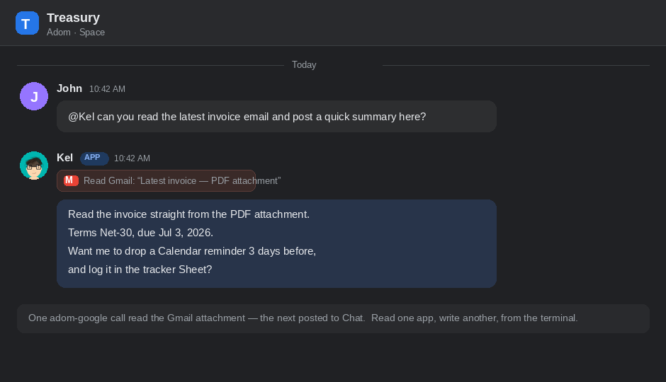 adom-google reading a Gmail attachment and posting the result into Google Chat