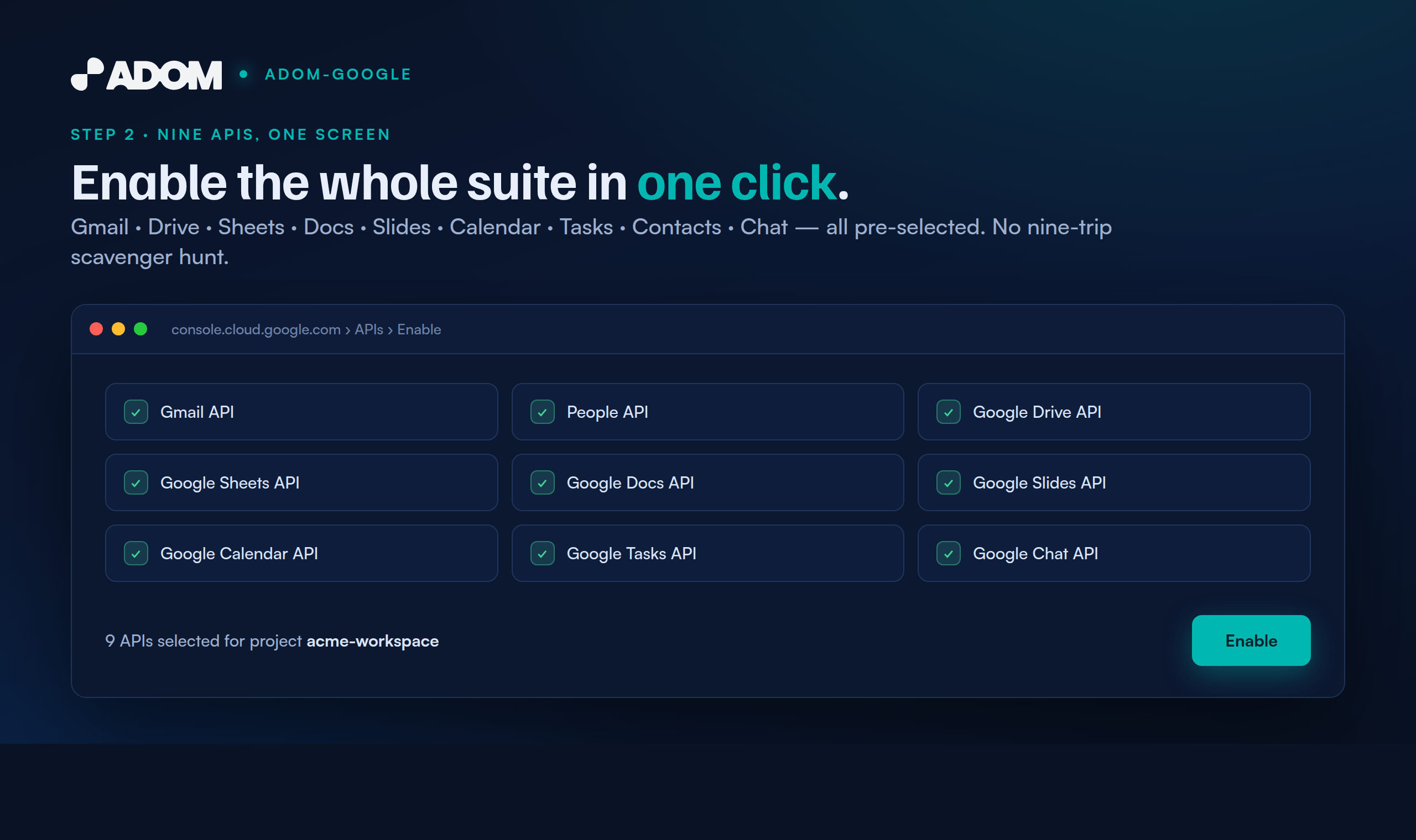 The AI driving Google Cloud Console to enable all nine Workspace APIs at once