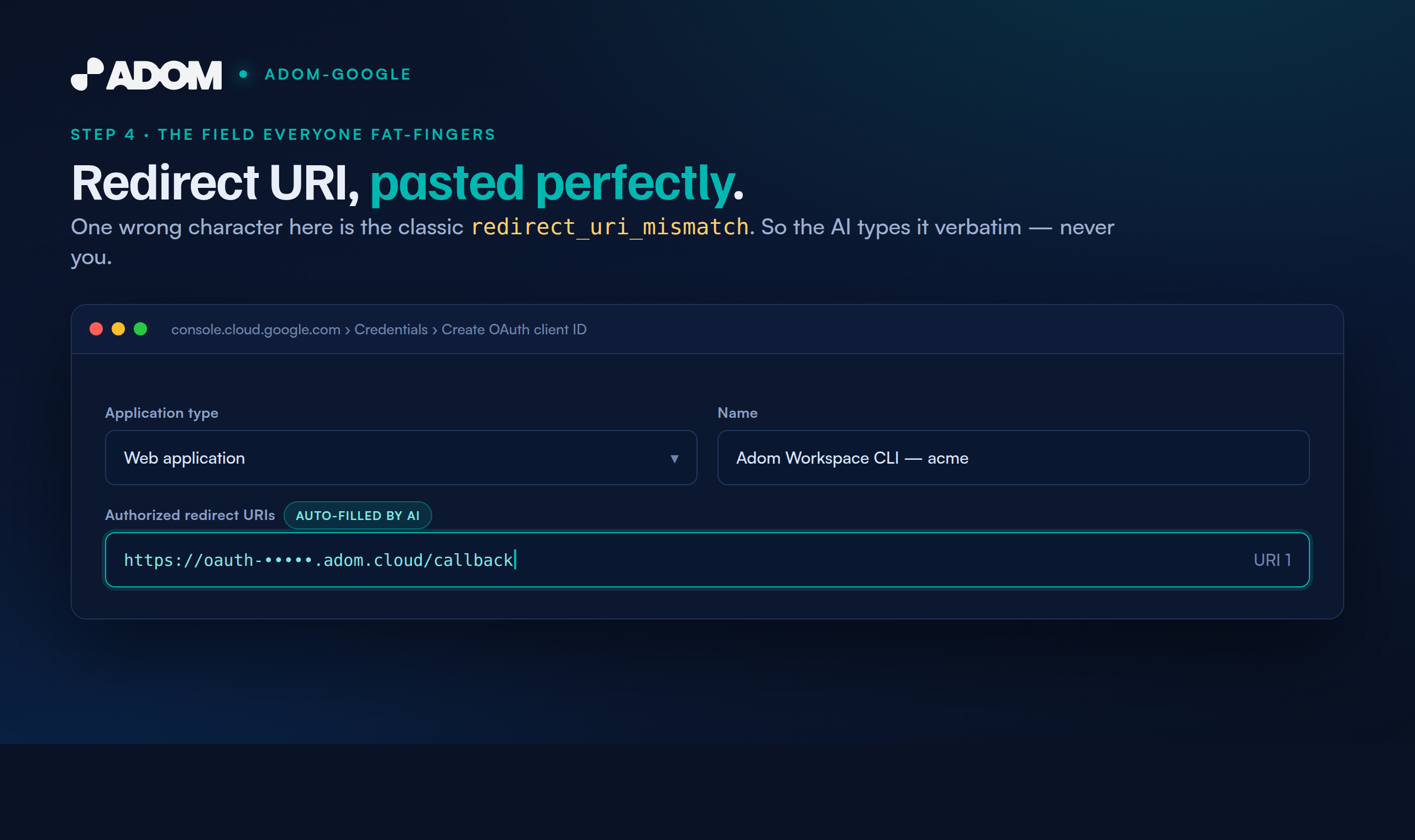 The AI pasting the exact Authorized redirect URI into the new OAuth client