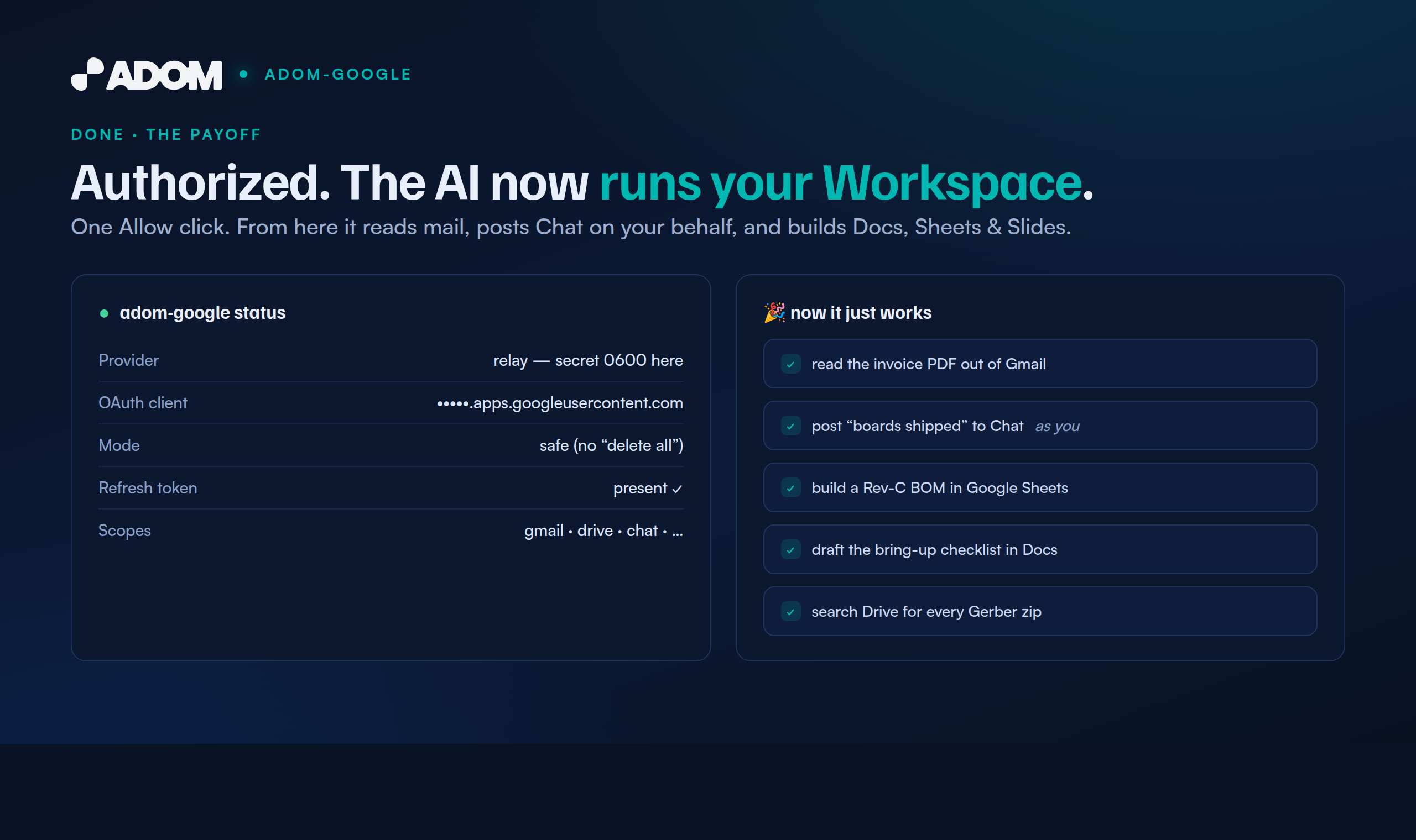 adom-google authorized and driving the whole Workspace after onboarding