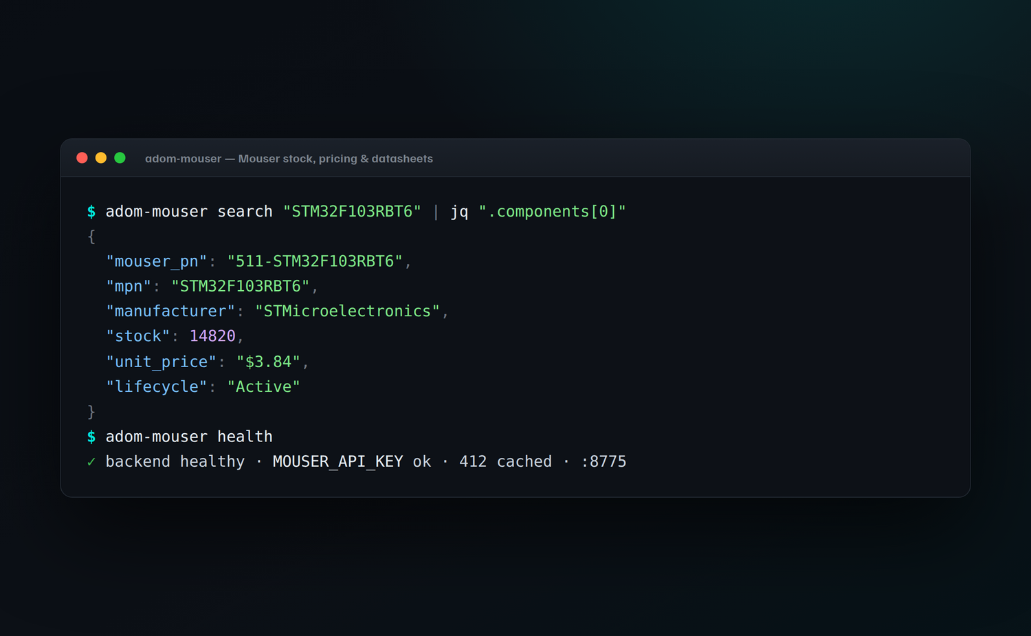 Terminal showing adom-mouser search piped to jq for the first component, then a health check reporting the backend is healthy