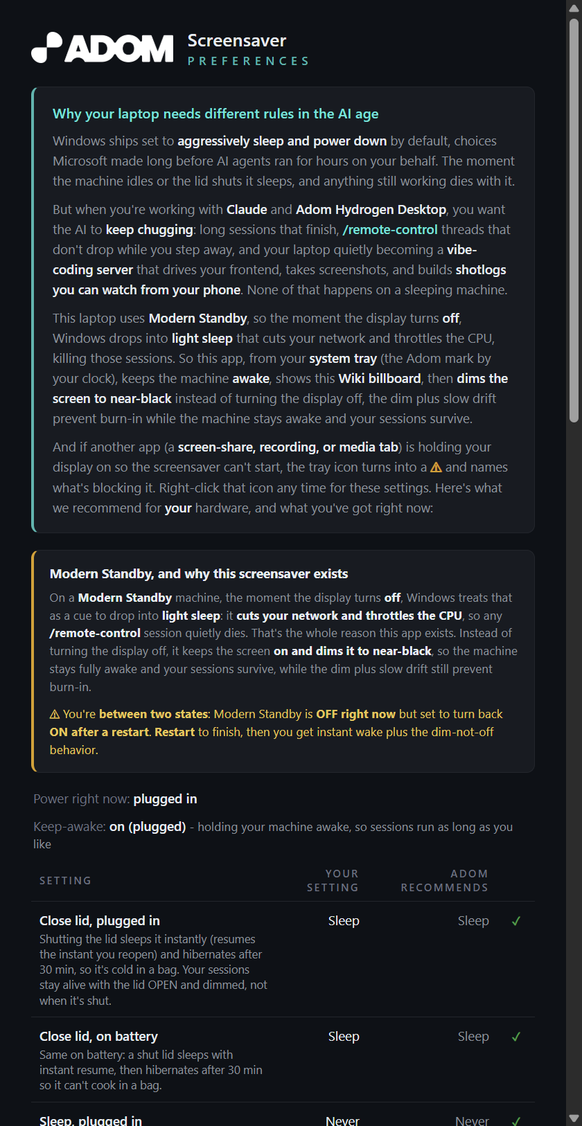 Adom Screensaver settings, hardware-aware recommendations