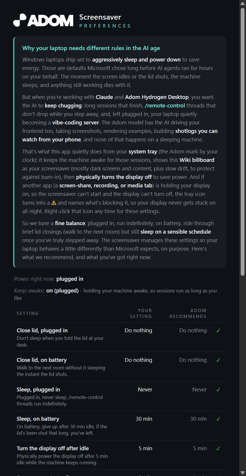 Adom Screensaver preferences window, live power-settings drift table