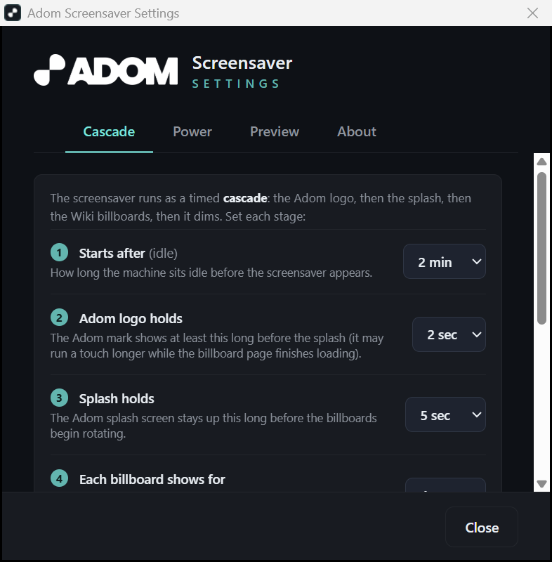 Cascade tab, the screensaver cascade timings