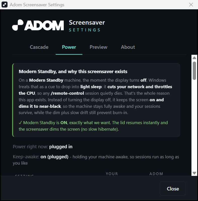 Power tab, Modern Standby readout + recommended power settings
