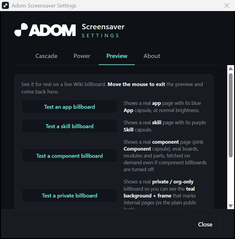 Preview tab, test buttons for each billboard kind