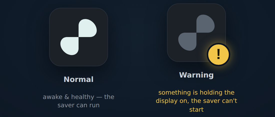 Adom Screensaver tray icon, normal and warning states