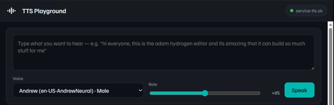 Playground compose area with voice selector, rate slider, and Speak button
