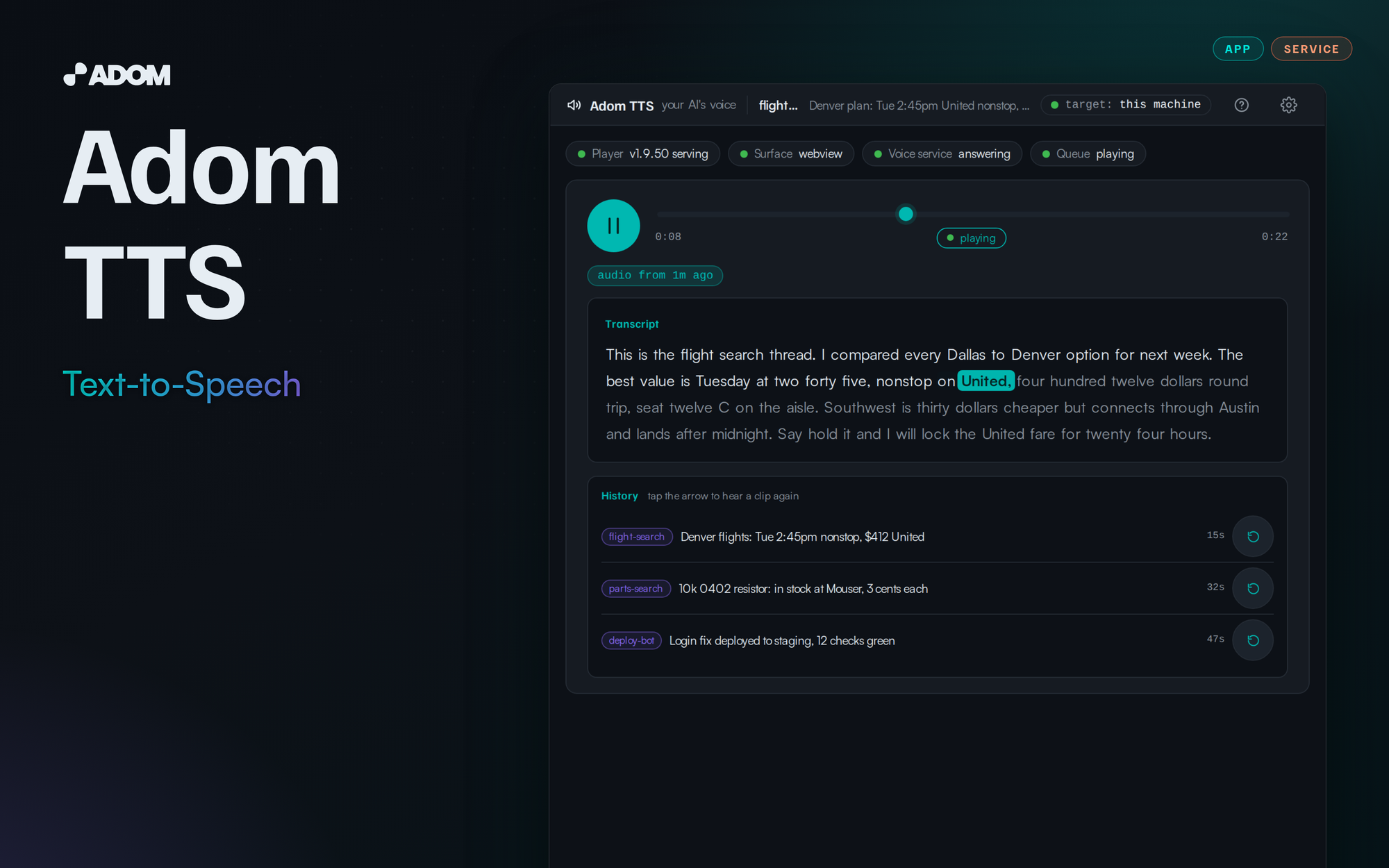 adom-tts — reads your AI answers back while driving, and voices your demo videos with exact timing
