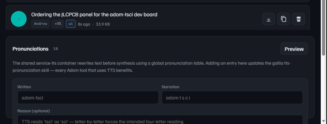 Clip history and the pronunciation override authoring form