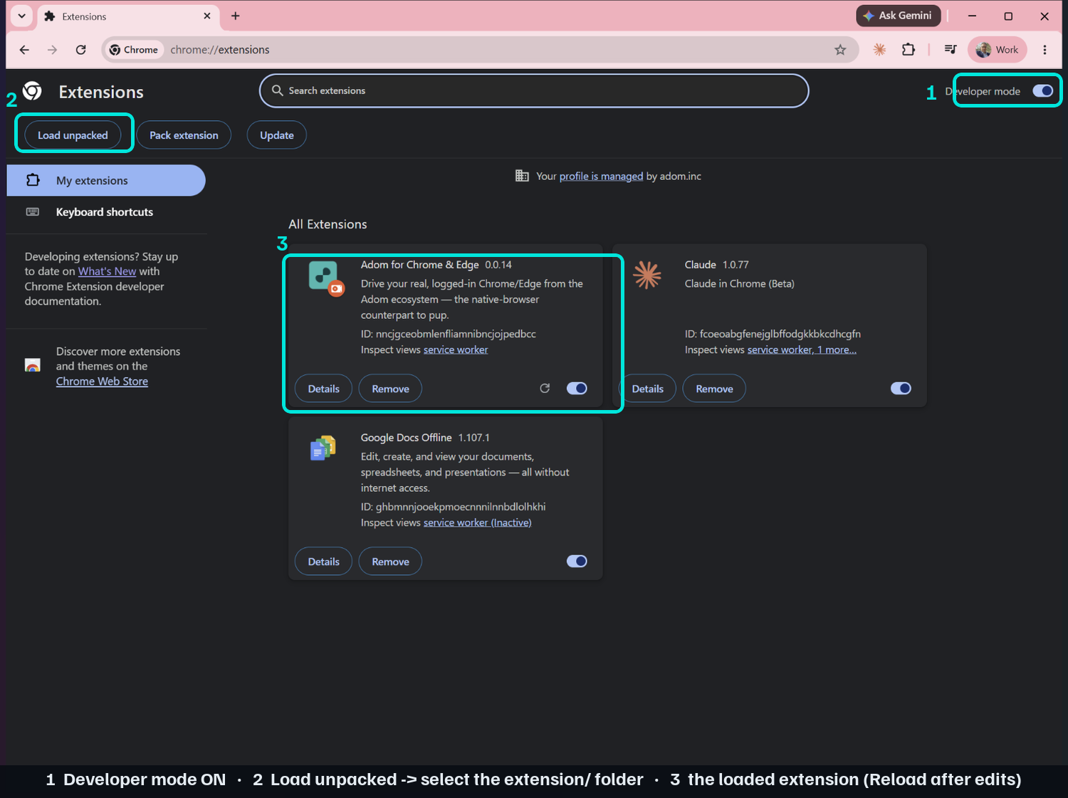 Loading the extension in Chrome developer mode — Developer mode toggle, Load unpacked, and the loaded extension