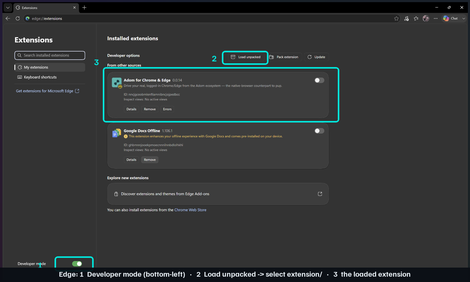 Loading the extension in Edge developer mode — Developer mode (bottom-left), Load unpacked, and the loaded extension