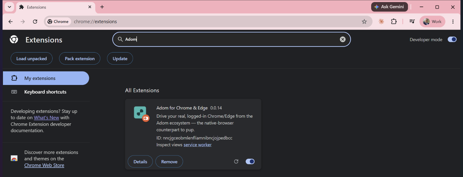 chrome://extensions filtered to the single Adom card, Developer mode on, no Errors