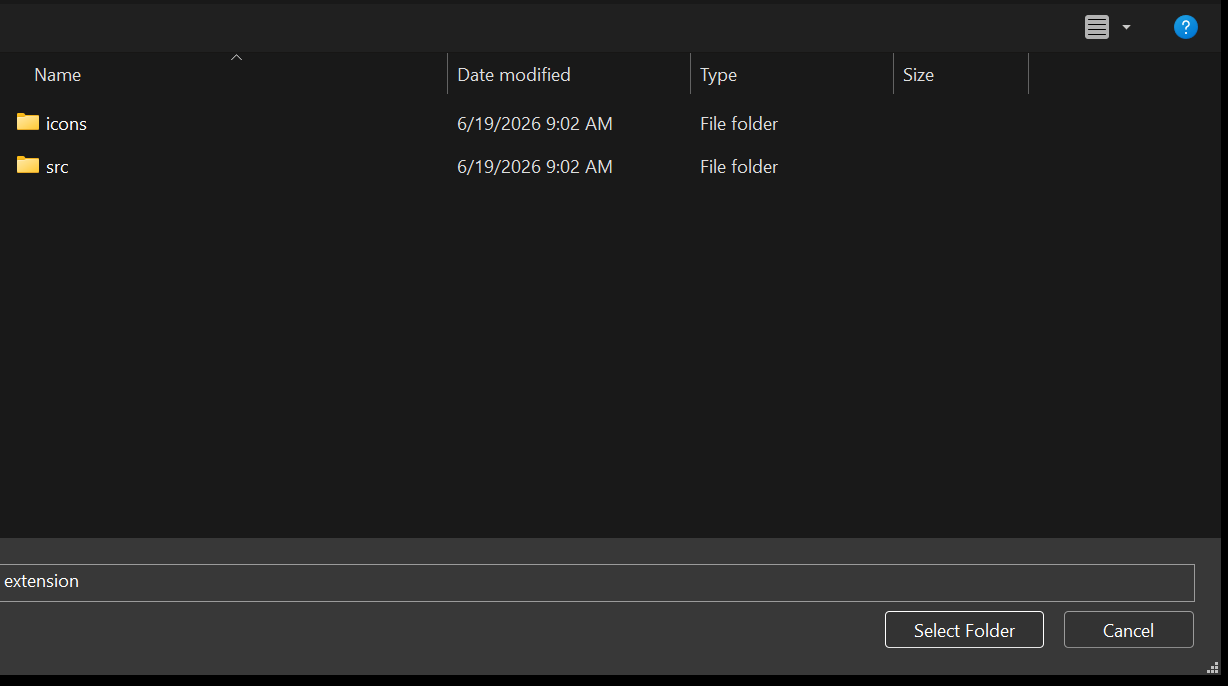 The Load-unpacked folder picker pointed at the extension folder