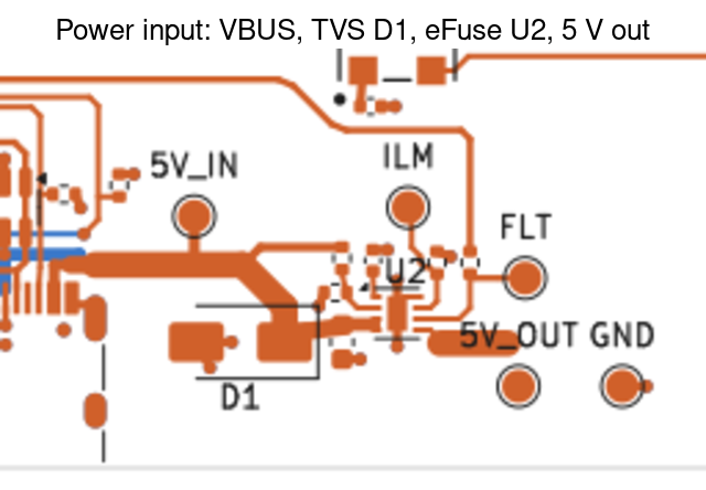 Power section: eFuse, surge diode and the 5 V supply