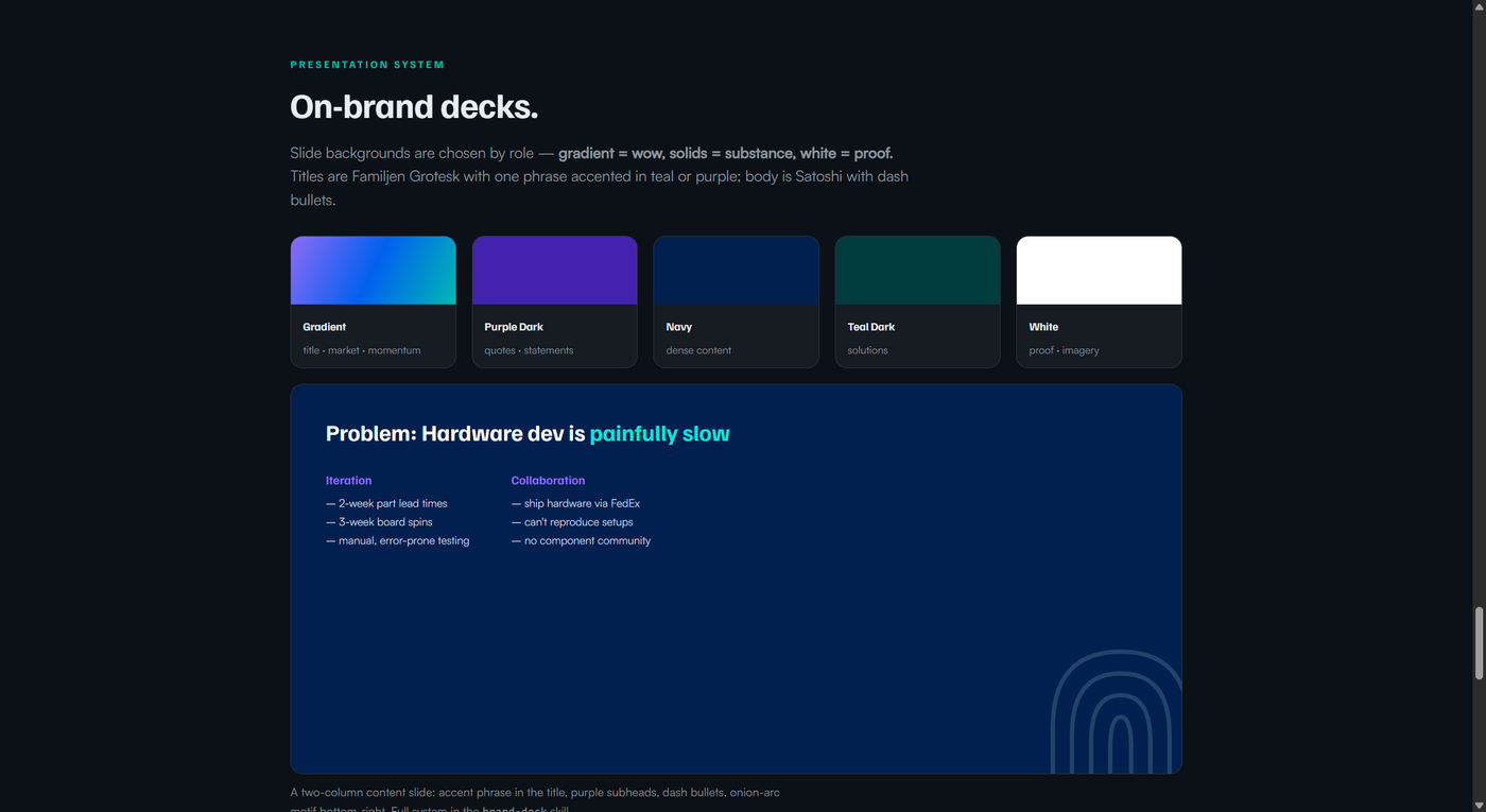 Adom deck design system — backgrounds by role and a two-column slide
