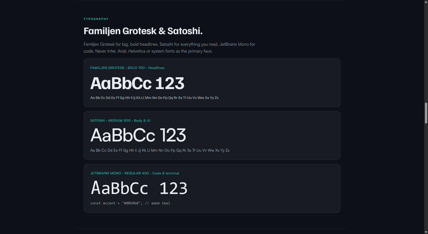 Adom type specimens — Familjen Grotesk, Satoshi, JetBrains Mono